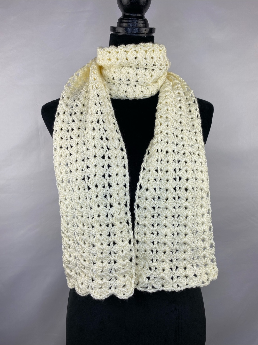 Handmade Ivory Crochet Knit Scarf Cozy Soft Boho Cottagecore 60”X 6”